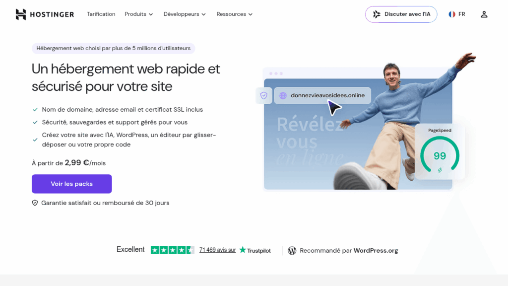 Capture d'écran du site de Hostinger