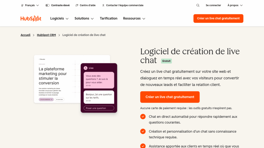 Capture d'écran du live chat HubSpot