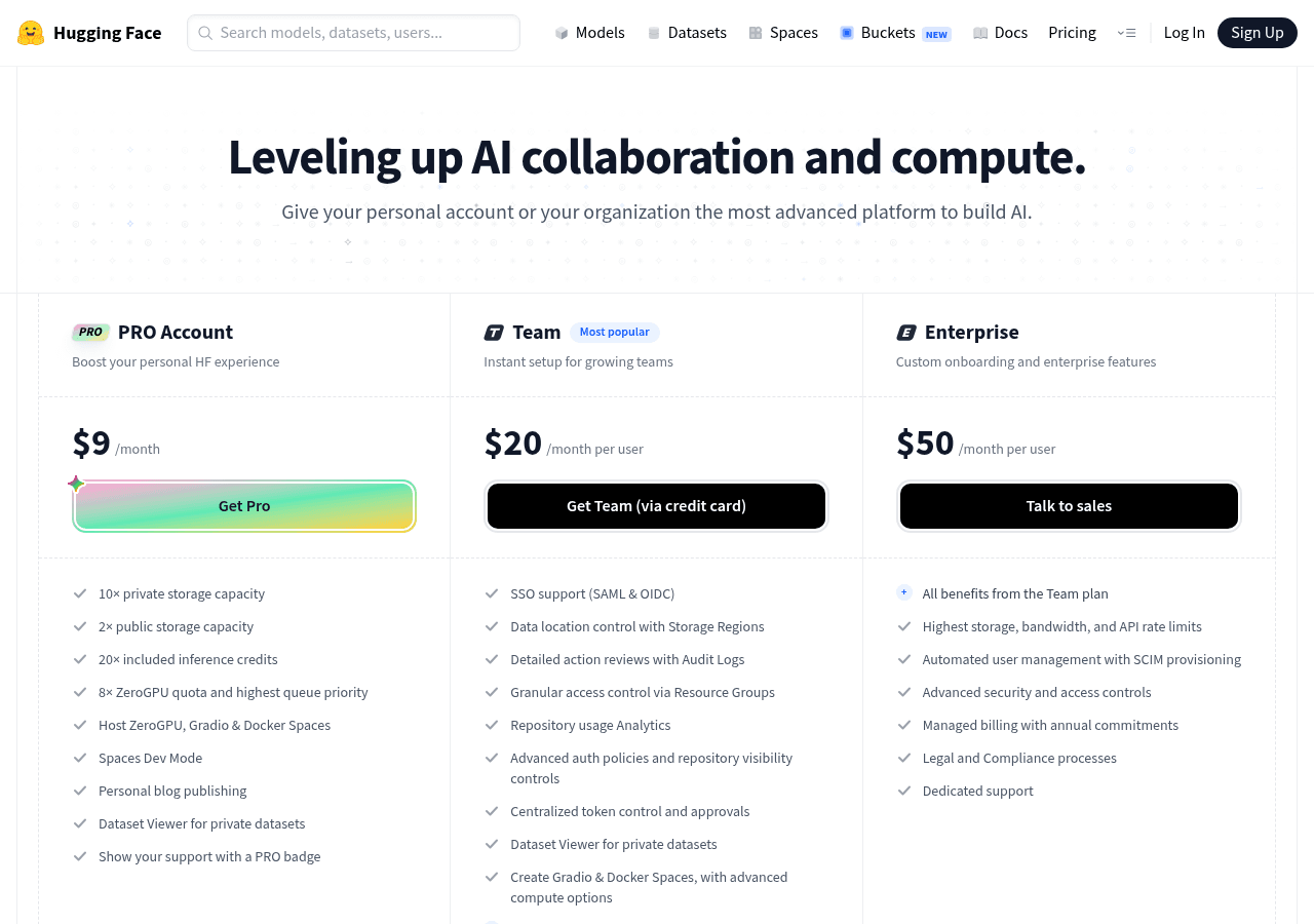 Tarifs de Hugging Face : Pro, Team et Enterprise