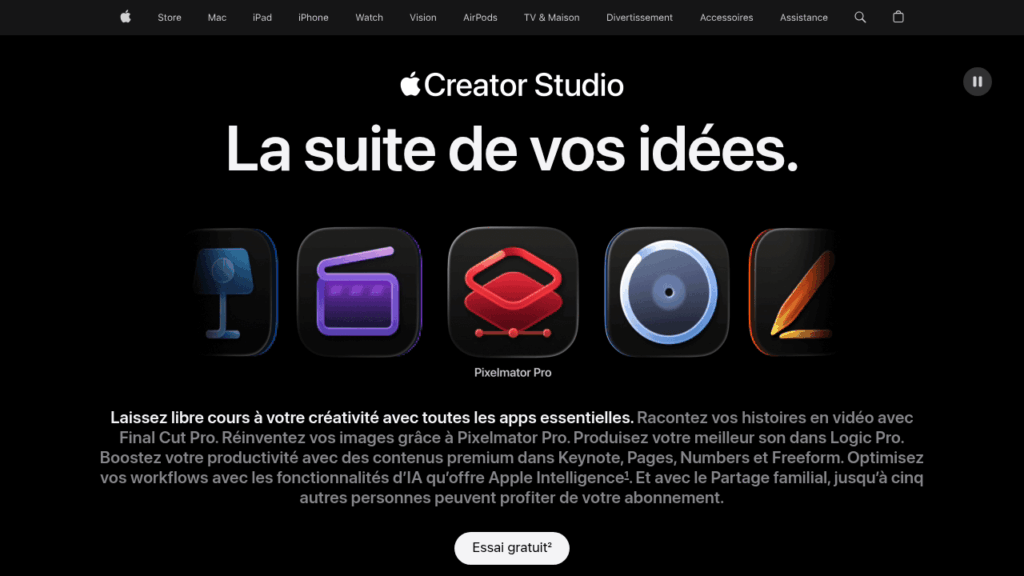 Capture d'écran d'Apple Creator Studio et Keynote