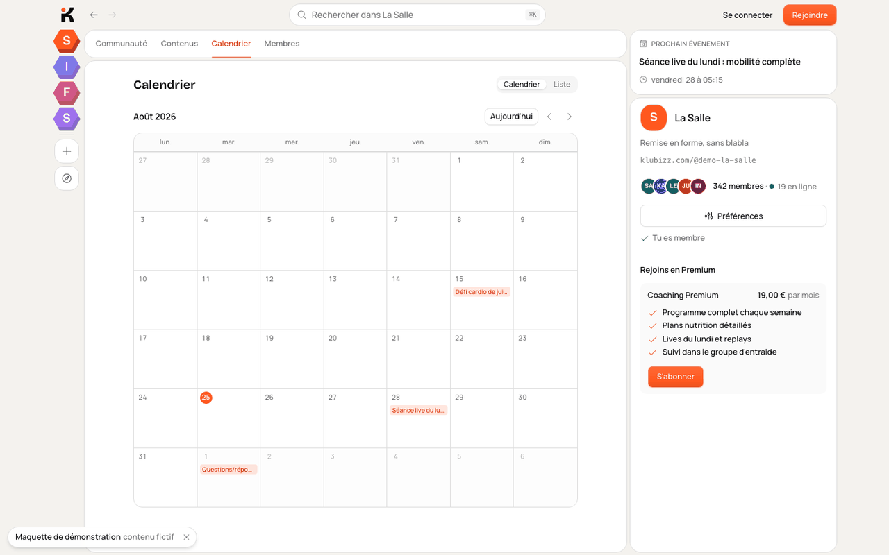 Calendrier des événements d'une communauté Klubizz avec lives et sessions programmés