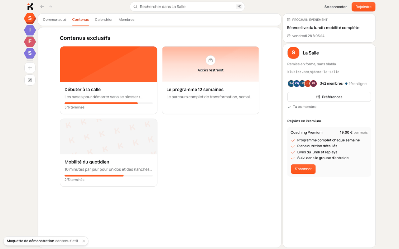 Coffres de contenus exclusifs sur Klubizz avec barre de progression et accès restreint aux abonnés