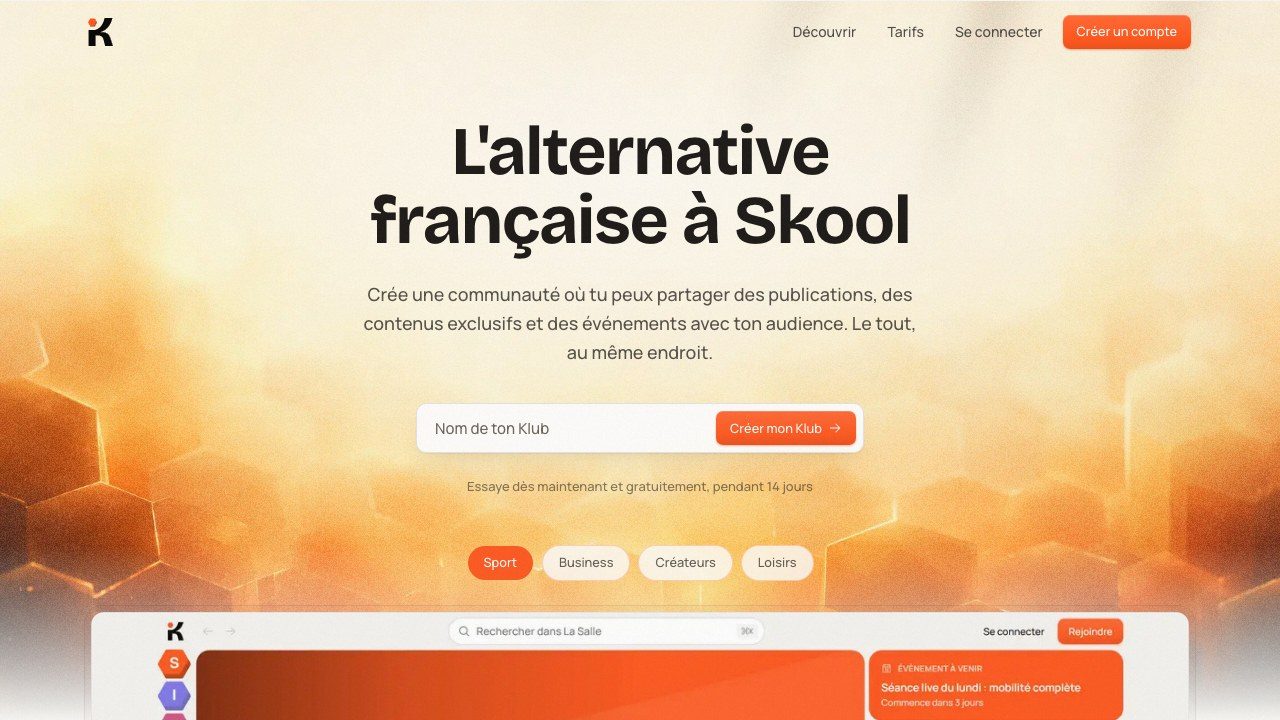 Page d'accueil de Klubizz, plateforme française de communautés en ligne présentée comme l'alternative à Skool