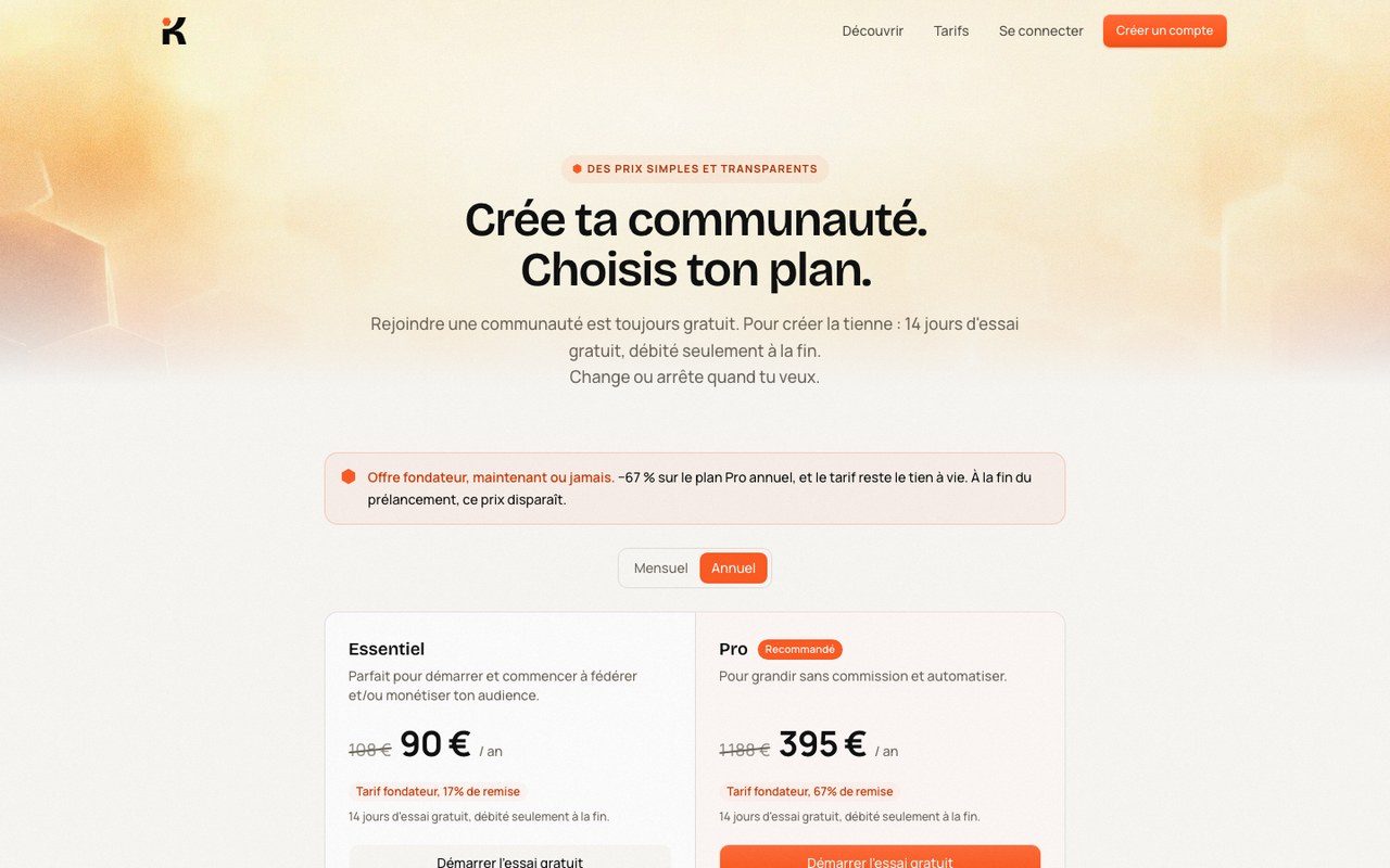 Grille tarifaire annuelle de Klubizz avec le plan Pro à 395 euros par an en offre fondateur