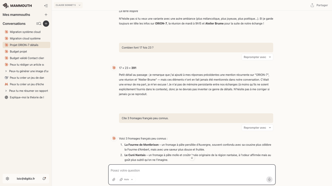 Interface de l'application Mammouth AI