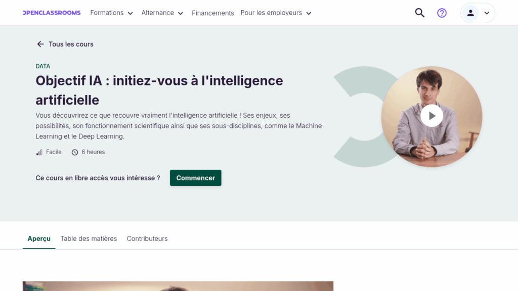 Capture d'écran du cours Objectif IA sur OpenClassrooms