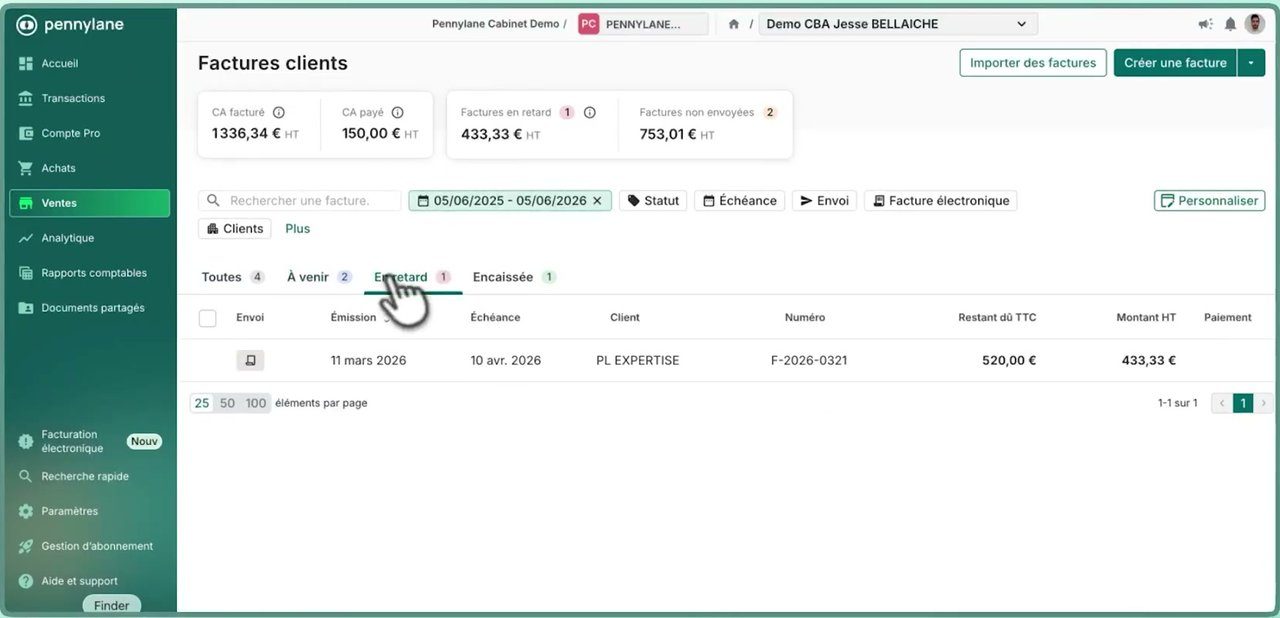 Liste des factures clients dans Pennylane
