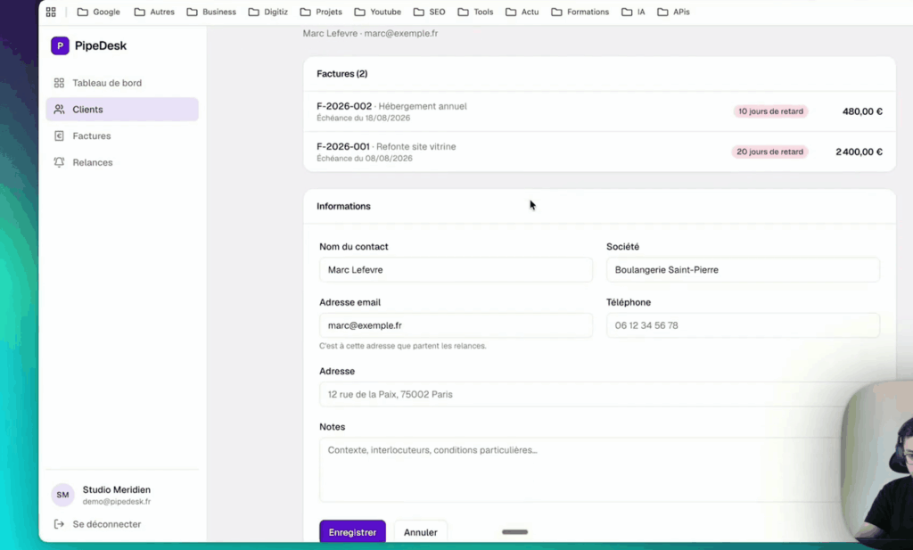 Le CRM PipeDesk généré par Claude Code : fiche client avec factures en retard