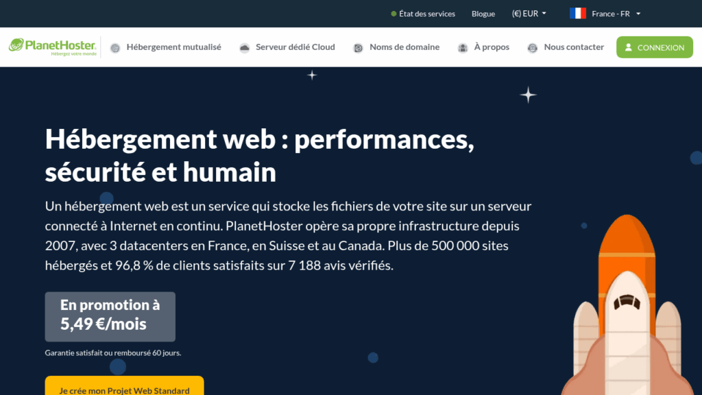 Page d'accueil du site de PlanetHoster