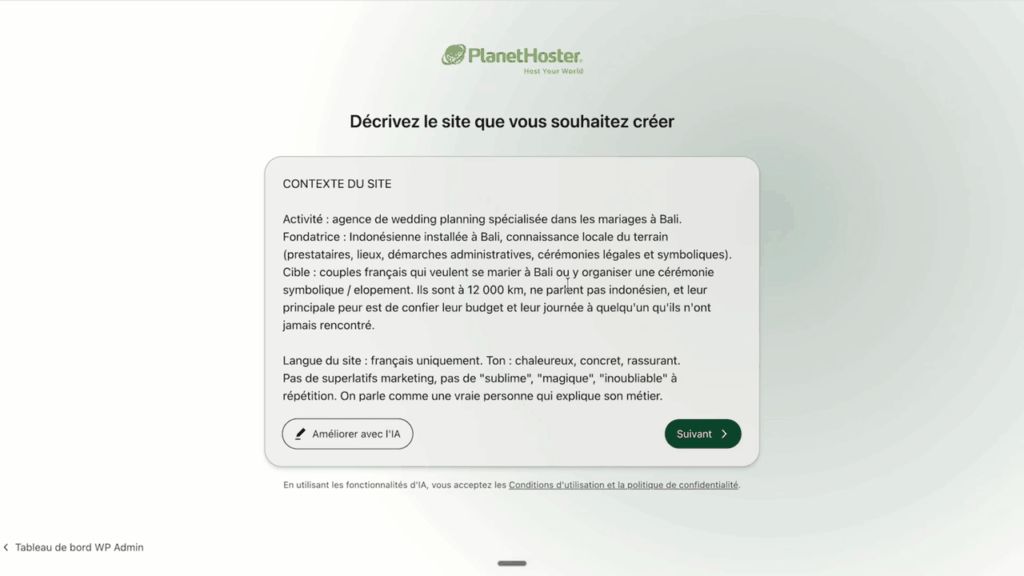 Le brief envoyé à l'IA de PlanetHoster pour générer le site