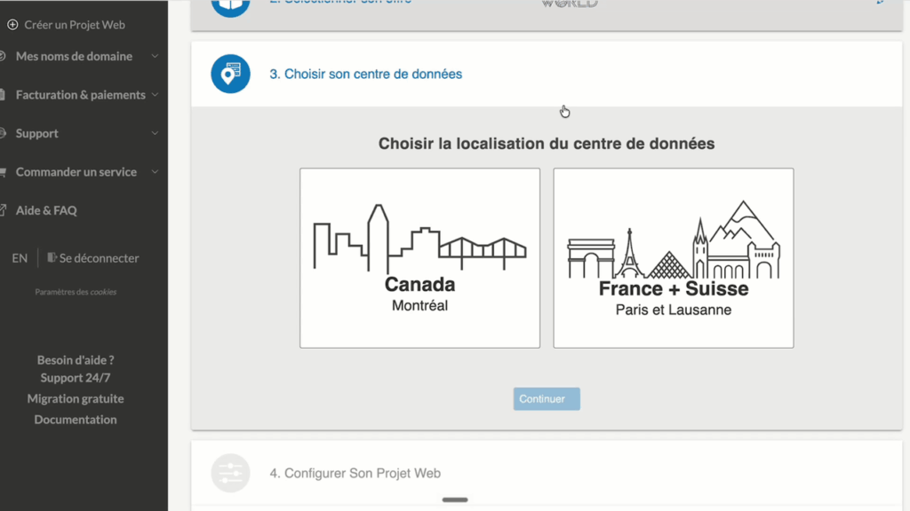 Choix du centre de données à la création d'un Projet Web PlanetHoster
