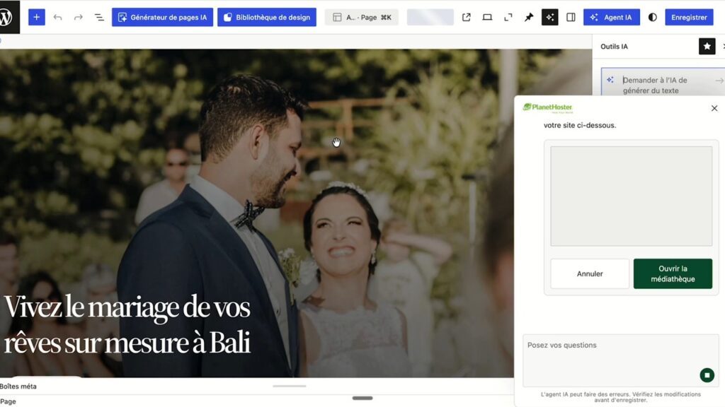L'agent IA et la bibliothèque de design dans l'éditeur WordPress