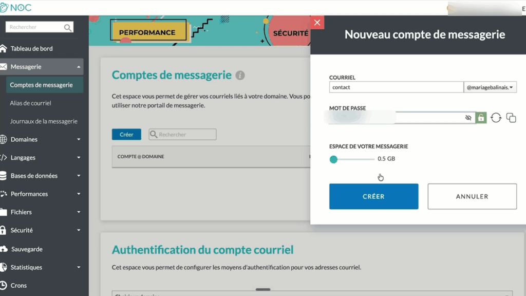 Création d'une adresse e-mail professionnelle dans le panneau N0C