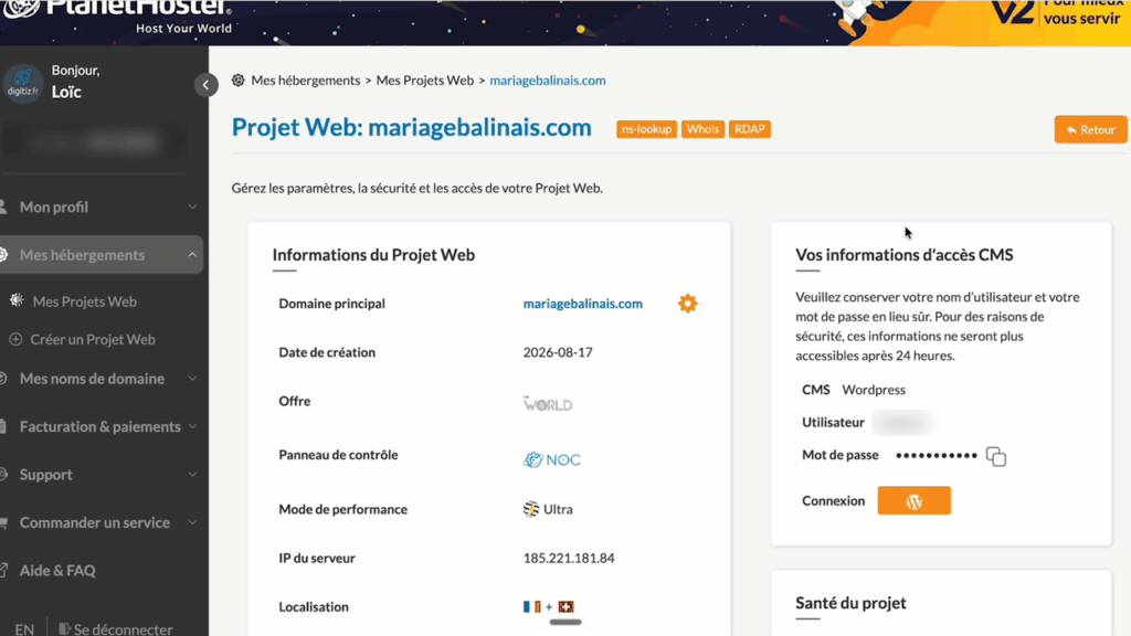 Tableau de bord d'un Projet Web dans l'espace client PlanetHoster