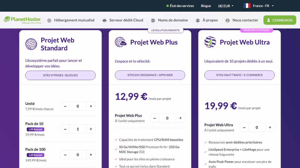 Les tarifs des Projets Web Standard, Plus et Ultra de PlanetHoster