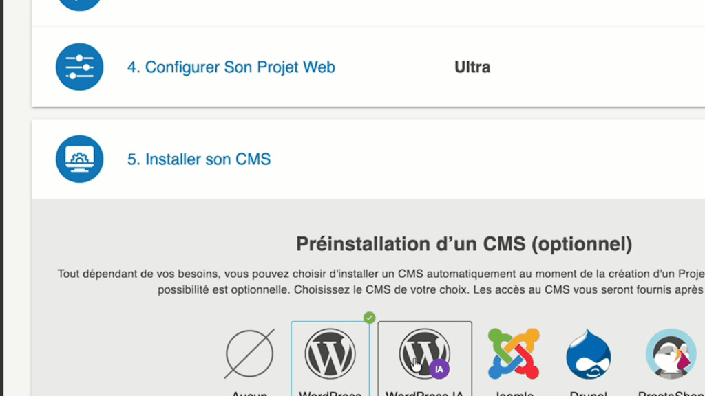 Choix de WordPress IA à l'installation du CMS chez PlanetHoster