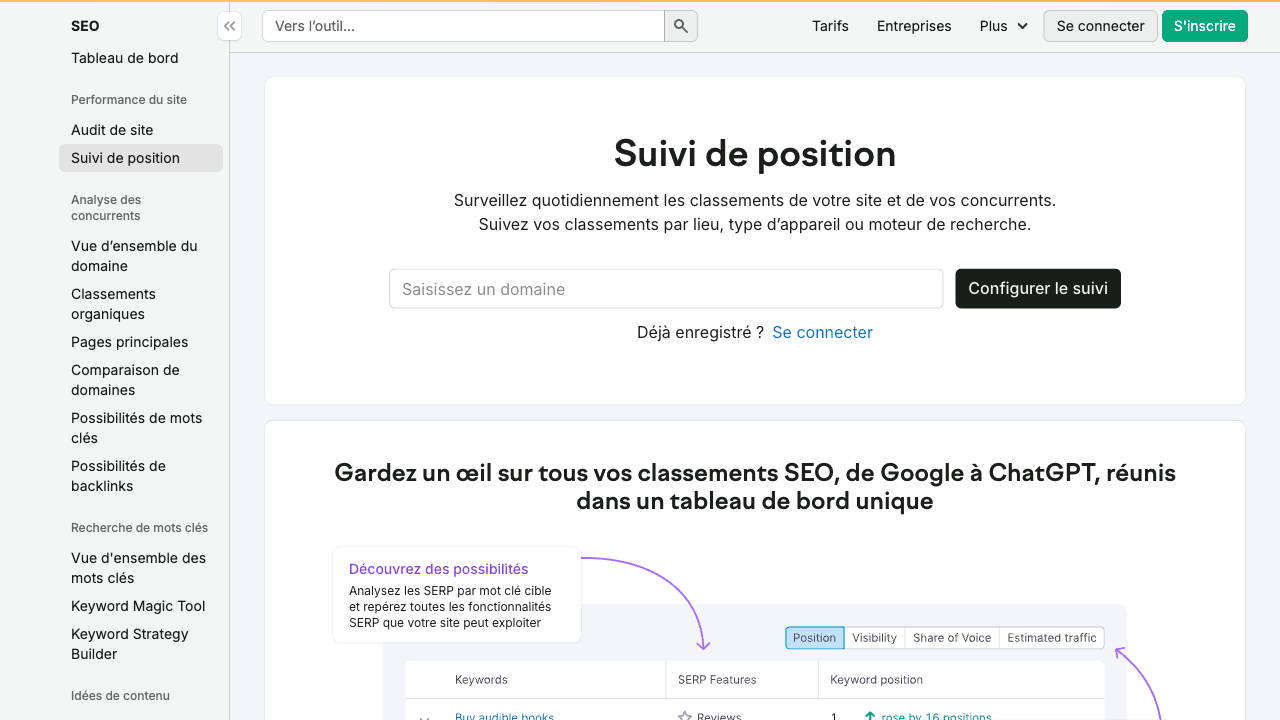 Capture d'écran de Semrush Position Tracking