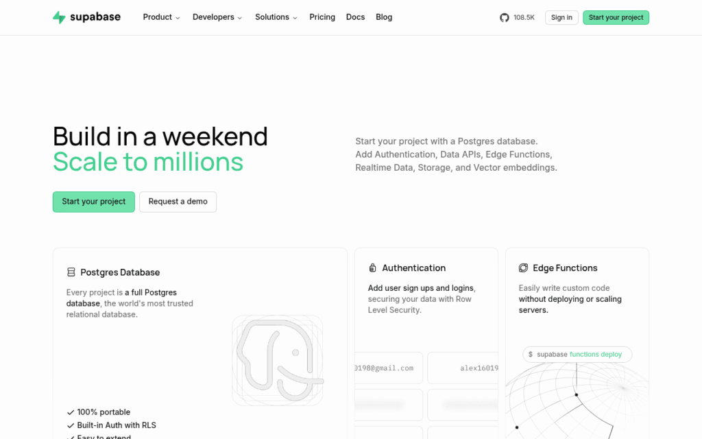 Page d'accueil de Supabase