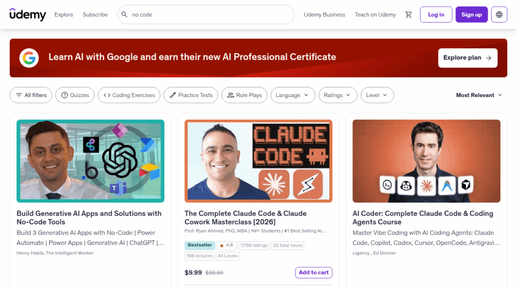 Capture d'écran du catalogue no-code sur Udemy