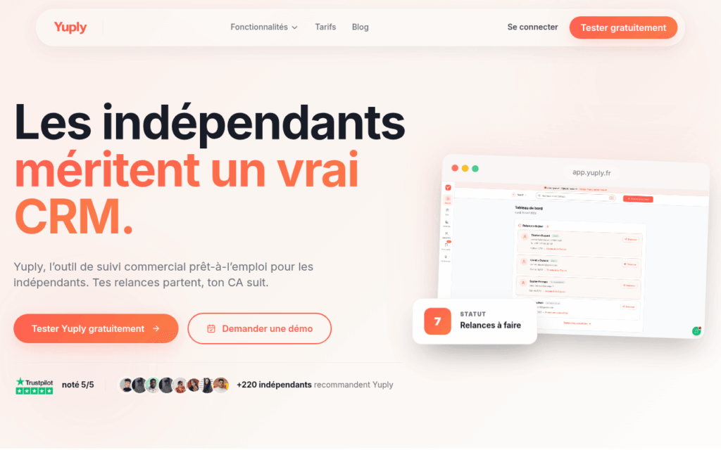 Page d'accueil de Yuply, le CRM pour indépendants