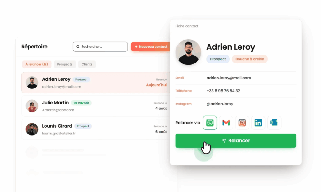 Répertoire et fiche contact Yuply avec relance en un clic par canal