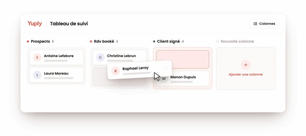 Tableau de suivi Yuply : pipeline commercial en colonnes personnalisables