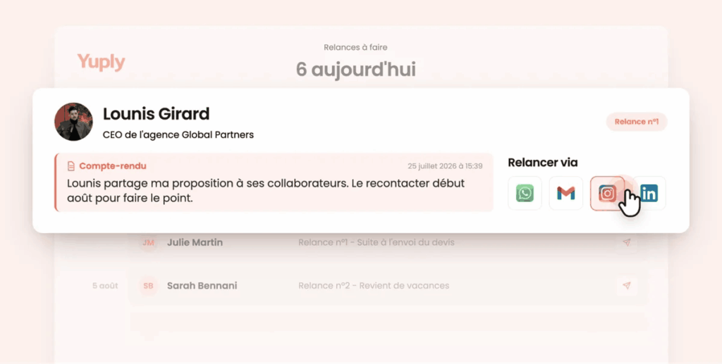 Liste des relances du jour dans Yuply avec compte-rendu et canaux de relance