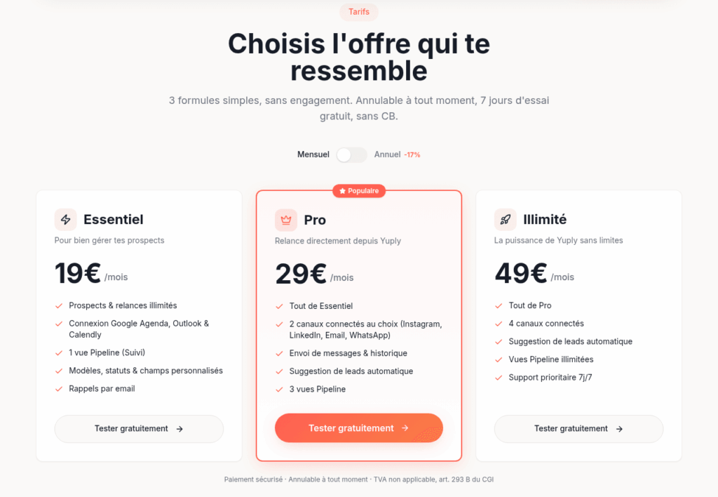 Grille tarifaire de Yuply : offres Essentiel, Pro et Illimité