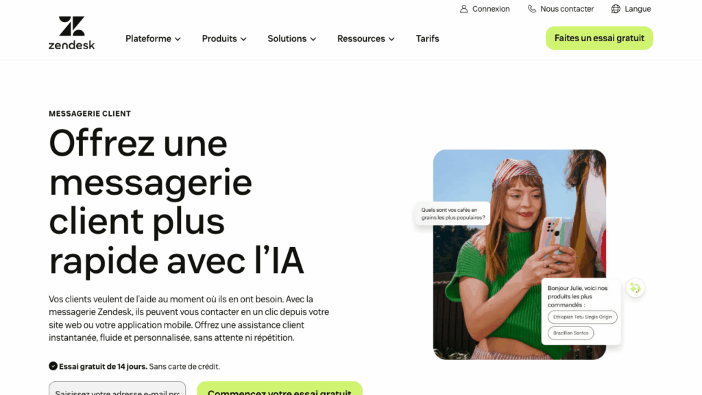 Capture d'écran de la messagerie Zendesk