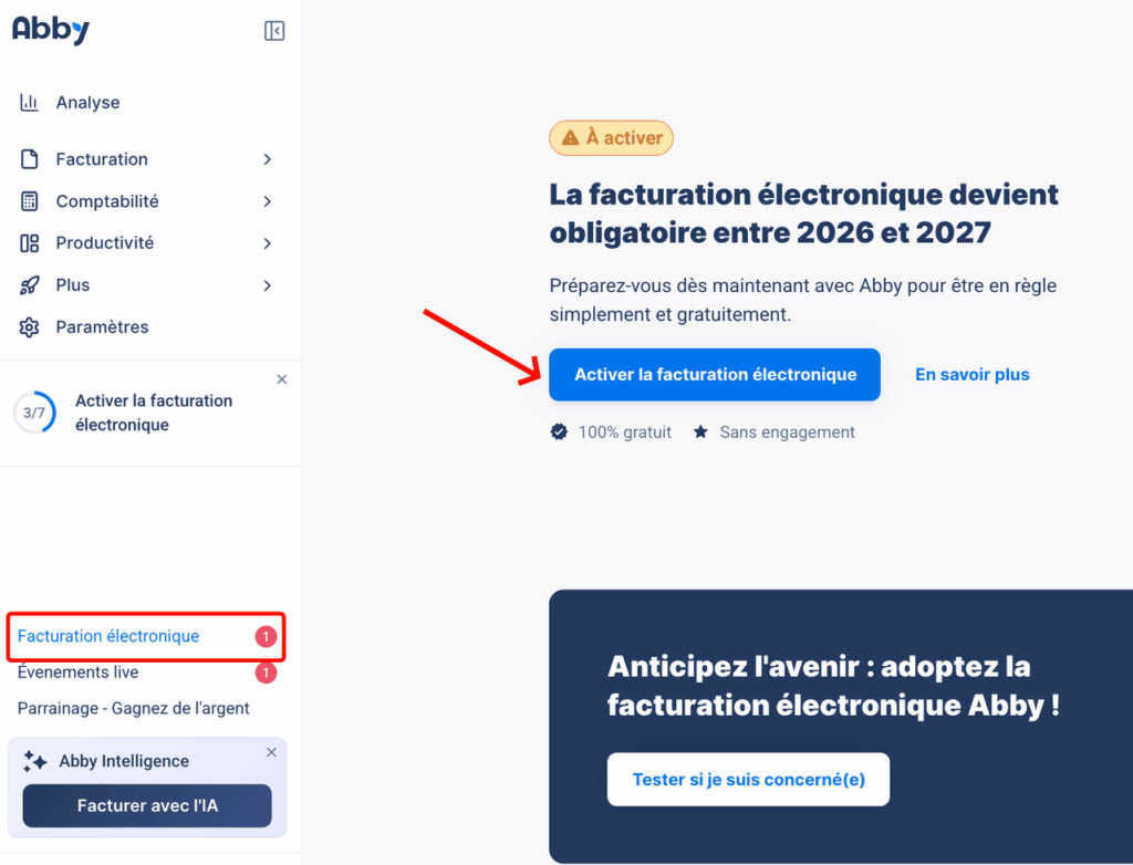 Écran d'activation de la facturation électronique dans Abby