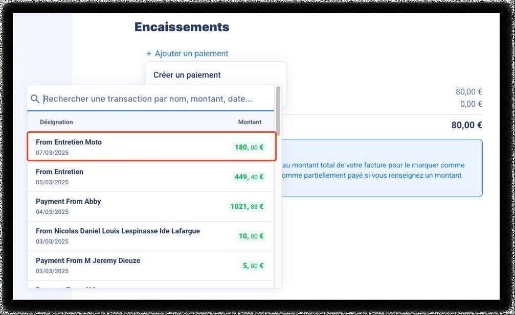 Enregistrement d'un encaissement sur une facture dans Abby