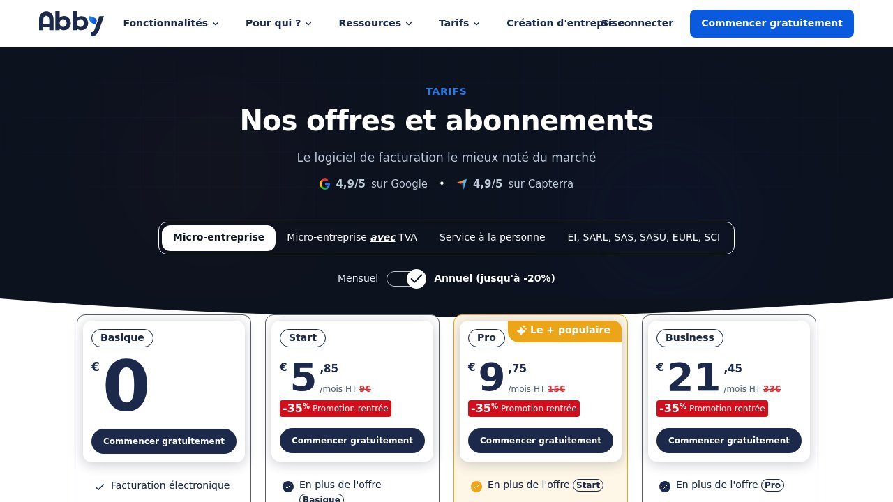 Capture d'écran des tarifs d'Abby