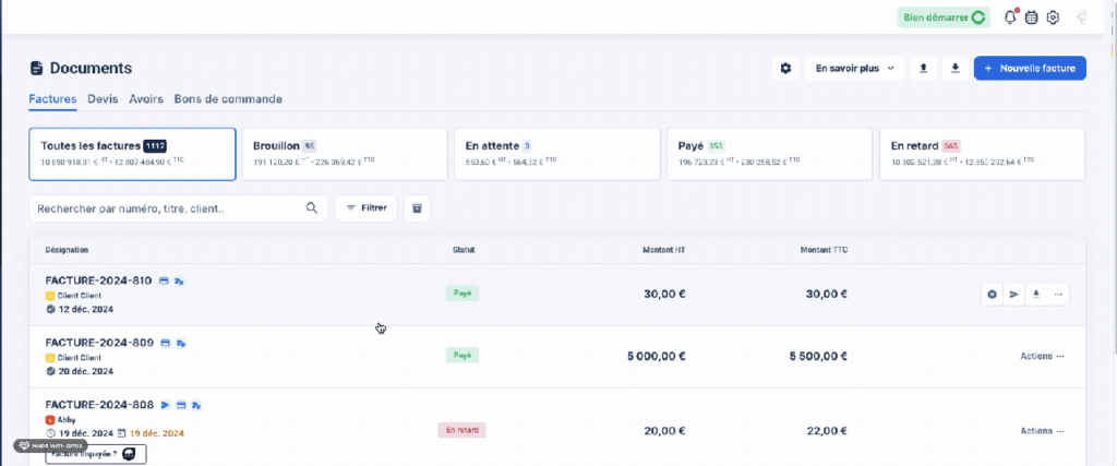 Liste des factures dans l'interface d'Abby