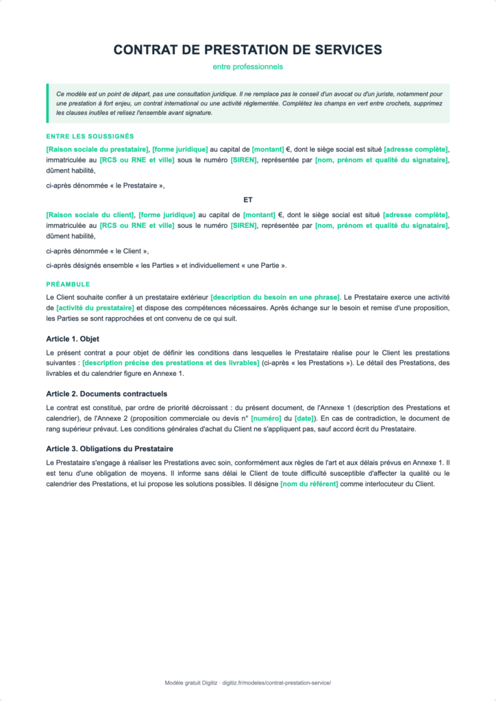 Aperçu du modèle de contrat de prestation de services Digitiz : parties, préambule et premiers articles avec les champs à compléter en vert