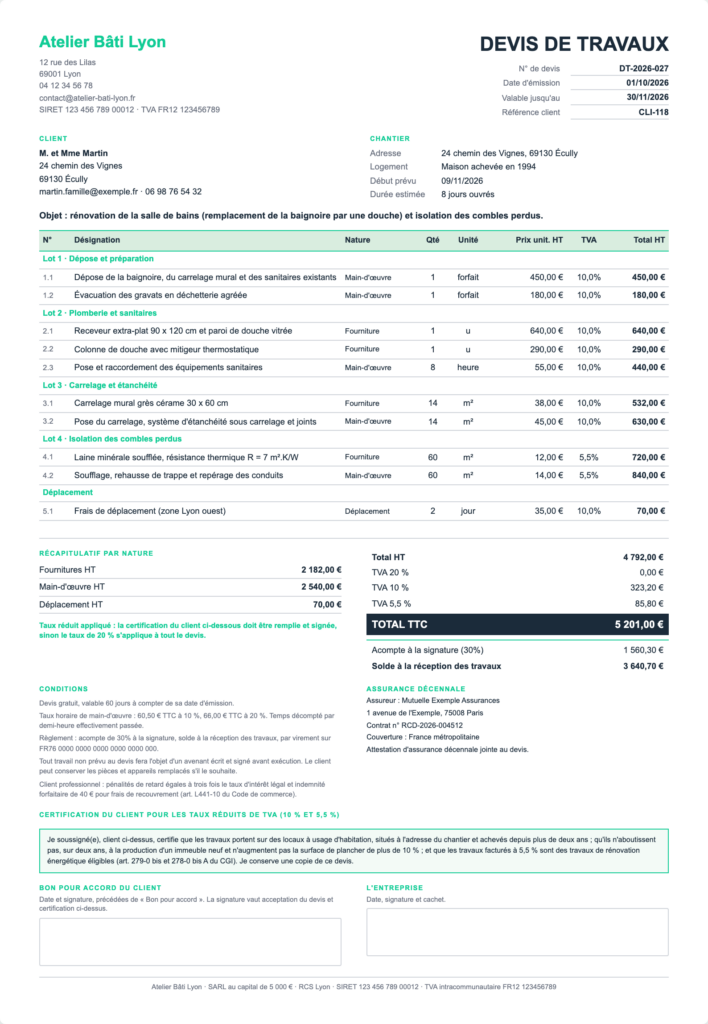 Aperçu du modèle de devis bâtiment Digitiz : lots de travaux, fournitures et main-d'œuvre, TVA par taux, assurance décennale et certification du client