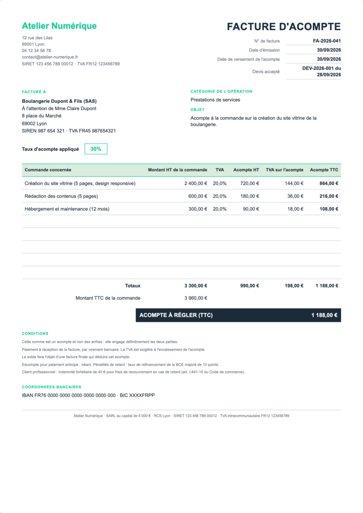 Aperçu du modèle de facture d'acompte Digitiz : rappel de la commande, taux d'acompte de 30 %, acompte HT, TVA et TTC par ligne et montant à régler