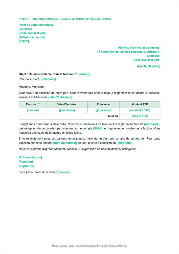 Aperçu du modèle de lettre de relance de facture impayée Digitiz : première relance amiable avec tableau de la facture et champs à compléter en vert