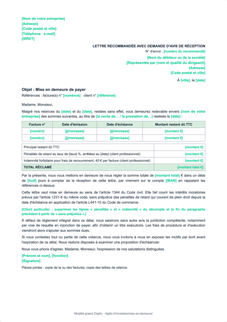 Aperçu du modèle de mise en demeure de payer Digitiz : lettre recommandée avec tableau des factures, décompte des sommes dues et champs à compléter en vert