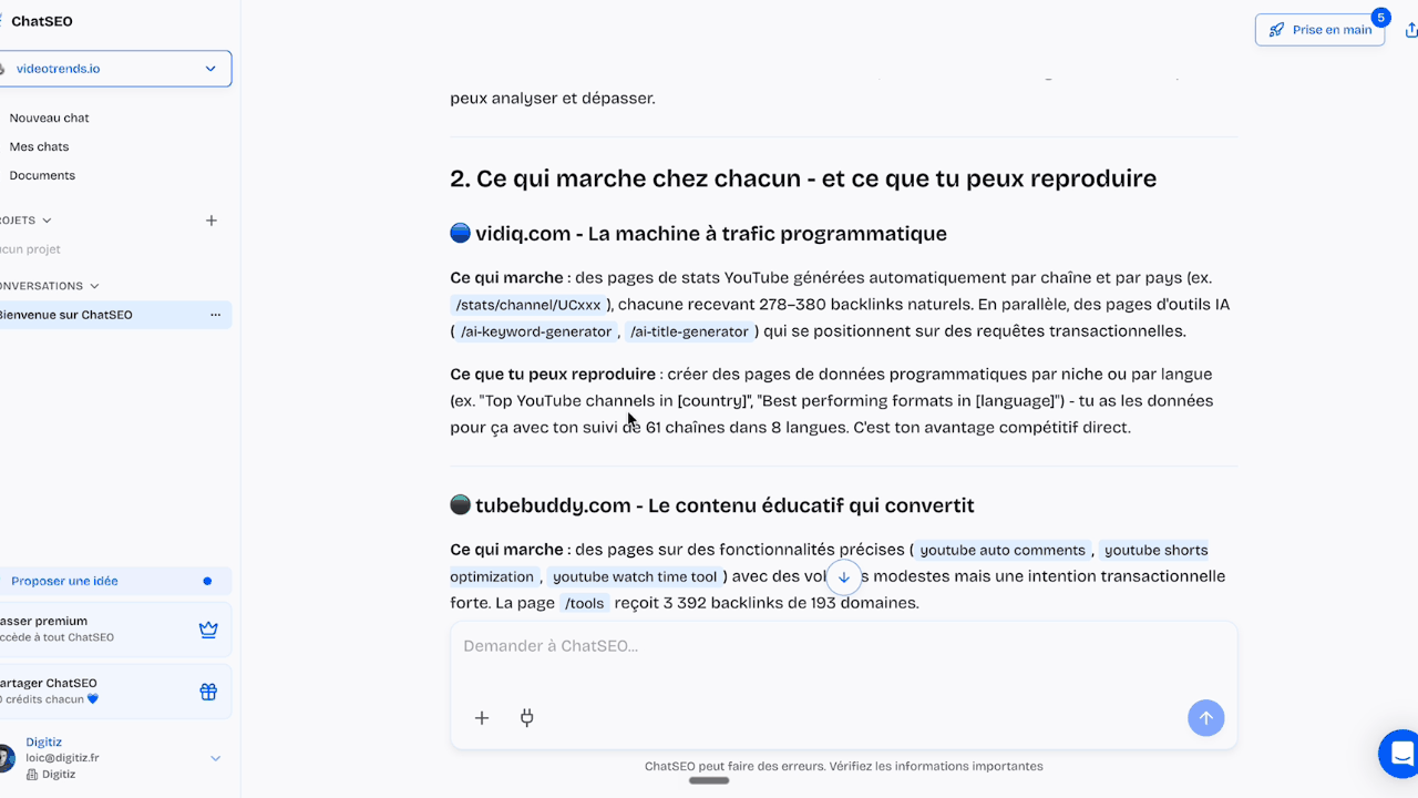 Analyse concurrentielle de ChatSEO : ce qui marche chez vidiq et TubeBuddy