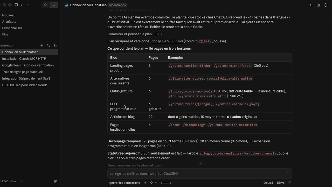 Claude Code récupère le plan SEO de ChatSEO via le MCP