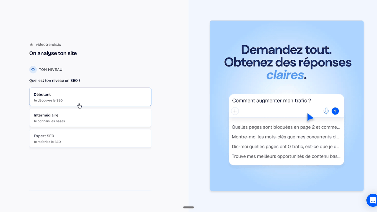 Onboarding de ChatSEO : analyse du site et choix du niveau SEO
