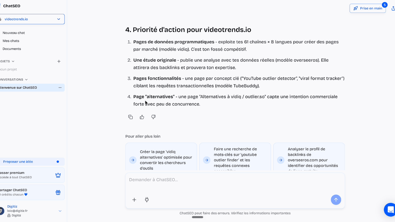 Priorités d'action proposées par ChatSEO pour VideoTrends