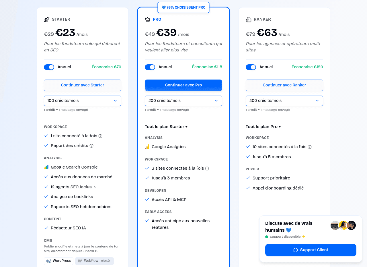 Tarifs de ChatSEO : Starter, Pro et Ranker