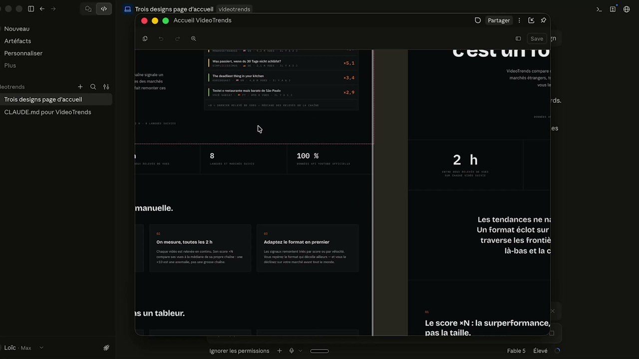 Trois propositions de design de page d'accueil générées pour VideoTrends