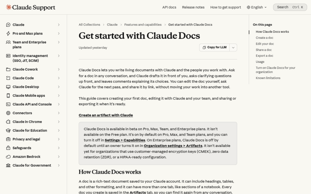 La page d'aide officielle de Claude Docs