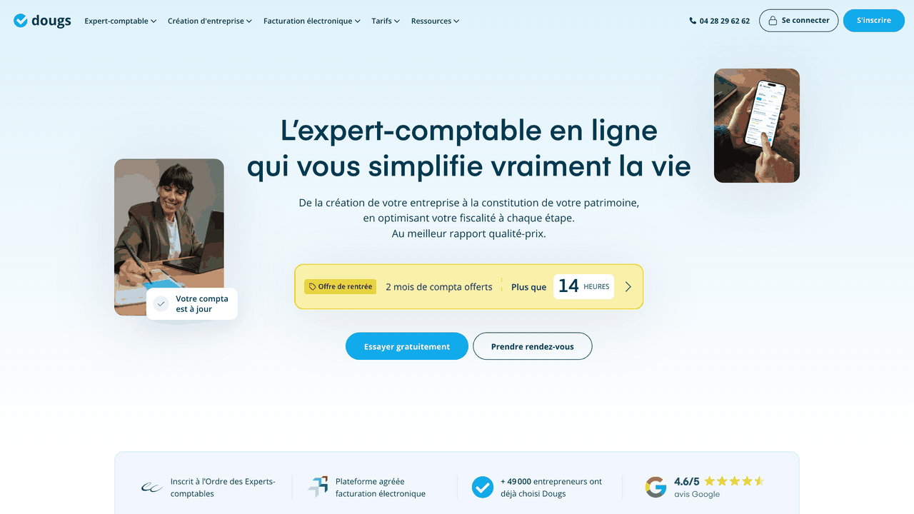 Page d'accueil de Dougs, expert-comptable en ligne