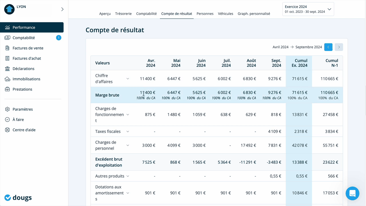 Compte de résultat mensuel dans l'application Dougs