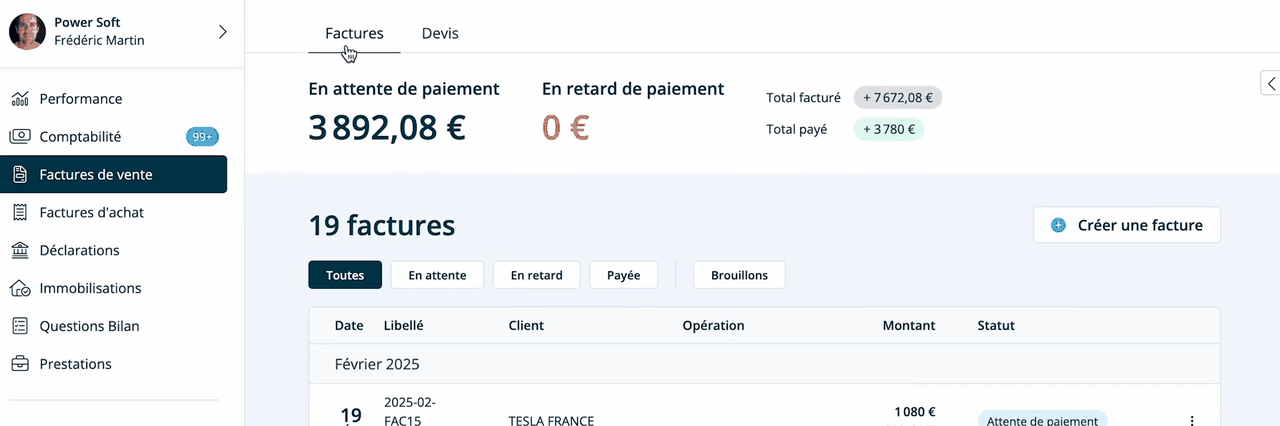 Liste des factures de vente et suivi des paiements dans Dougs