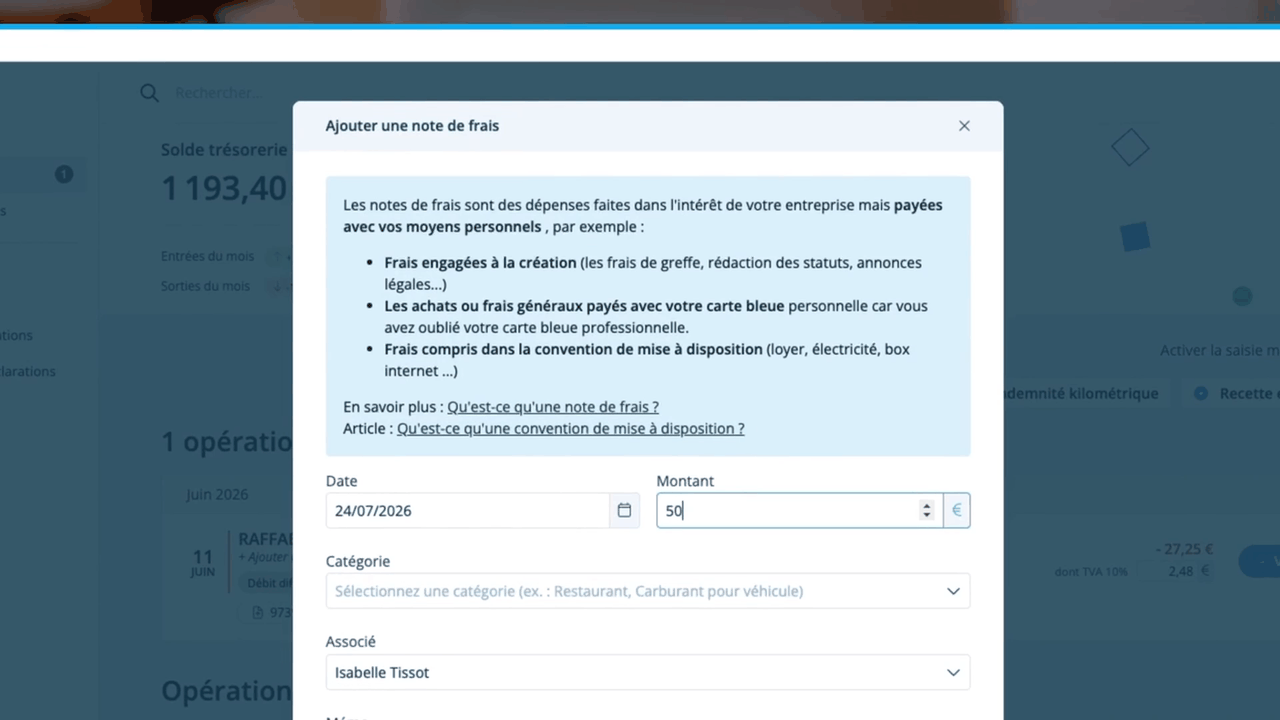 Ajout d'une note de frais dans l'application Dougs