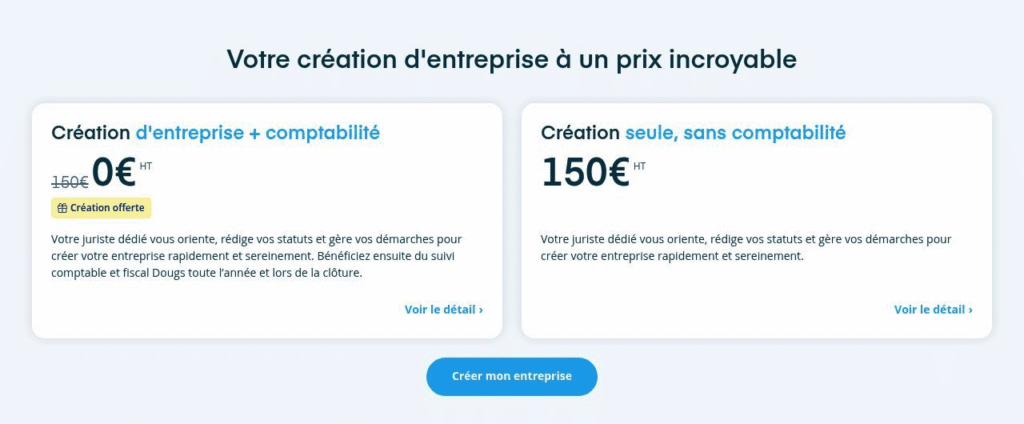 Tarifs de création de SASU chez Dougs : offerte avec la comptabilité ou 150 euros HT seule